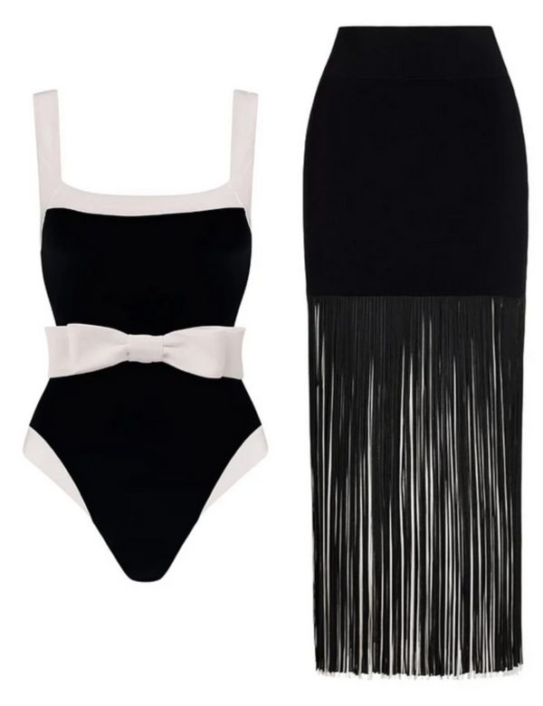 Bow Belted Black and White One Piece Swimsuit and Tassel Skirt