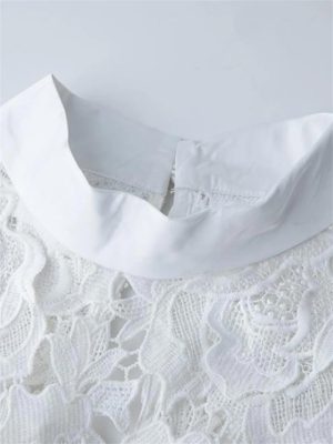 Women Sexy Hollow Out Lace Long Stand Collar Short Sleeve High Waist Elegant Dinner Dress