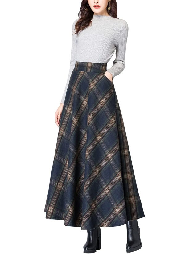 Women's Vintage High Waist Wool Blend Plaid A-Line Long Maxi Skirt with Pocket