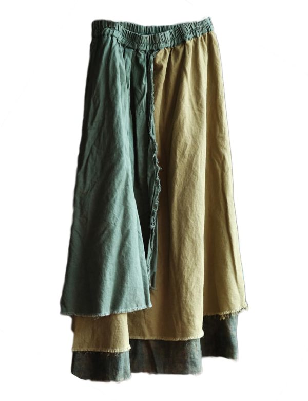 Women's Casual Elastic Waist Linen Patchwork A-Line Frayed Raw Hem Hippie Long Irregular Linen Skirt