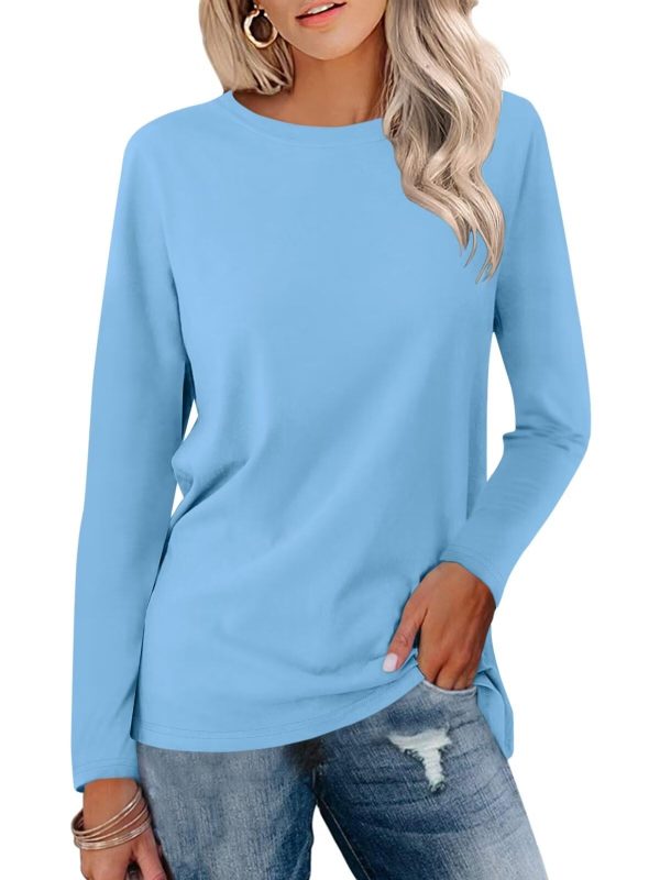 Women's Color Block Tops Casual Long Sleeve Tunic Round Neck Pullover Shirts