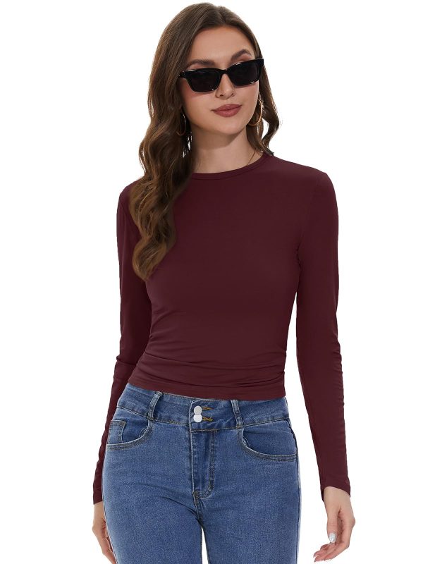 Womens Long Sleeve Shirts Basic Tees Y2k Slim Fit T Shirt Crew Neck Trendy Crop Top Casual