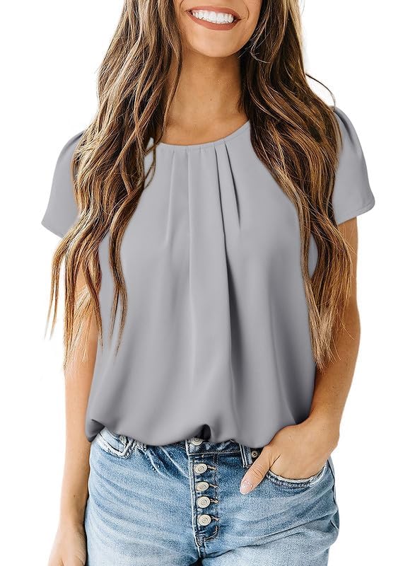 Women's Casual Round Neck Basic Pleated Tops Short Sleeve Loose Fit Curved Keyhole Back Chiffon Blouses Tshirts