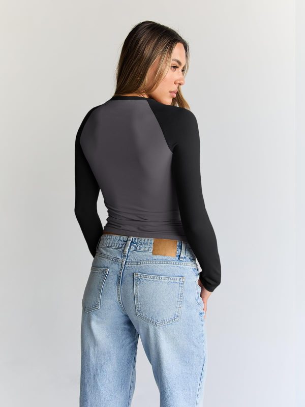 Women's Long Sleeve Shirts Slim Fit Stretchy Color Block Slightly Cropped Tops
