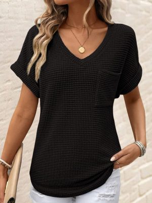 Womens Waffle Knit Tops 2025 Fall Summer V Neck Shirts Casual Trendy Women's Blouses Basic Tee