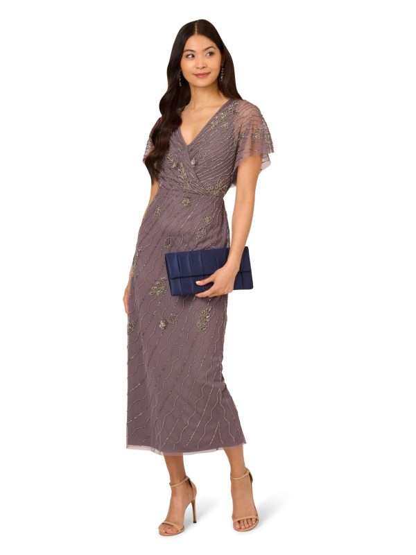Women's Bead Flutter Sleeve Long Dress