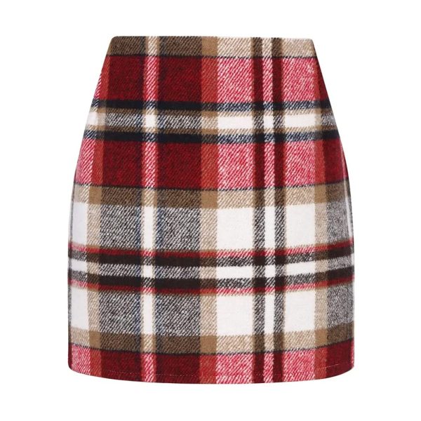 Womens Wool Plaid Mini Skirt Fall Winter High Waisted Bodycon Pencil Skirt