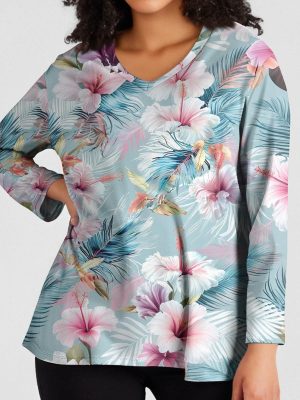 Womens Dressy Casual Long Sleeve Tops Crew Neck Ladies Fall Outfits Trendy Plus Size Floral Print Shirts