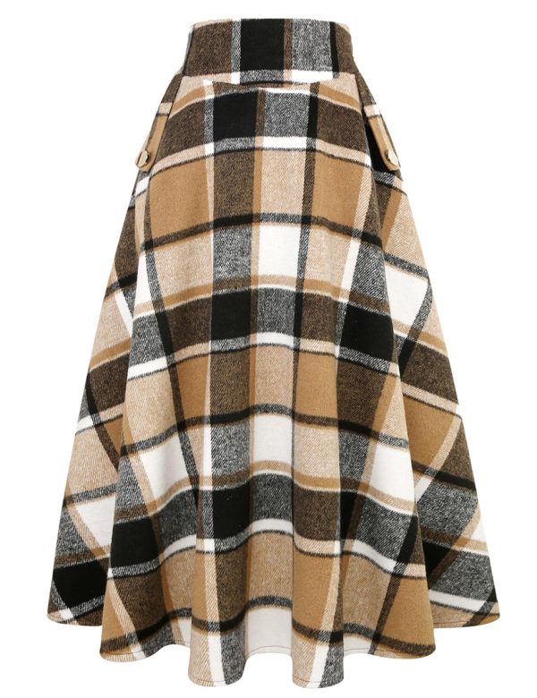 Women’s Fall Winter High Waisted Wool Plaid A-line Long Skirt