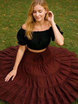 Women's 25 Yard Cotton Gypsy Belly Dance 4-Tiered A-Line Pleated Maxi Long Boho Dance Tribal Skirt