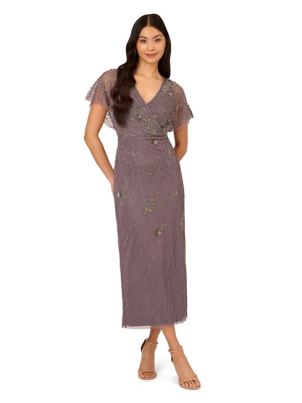 Women's Bead Flutter Sleeve Long Dress