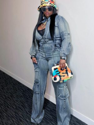 Women's Two Piece Denim Outfits Long Sleeve Cropped Jean Jacket Cargo Pants with Pockets Y2K Tracksuit Set