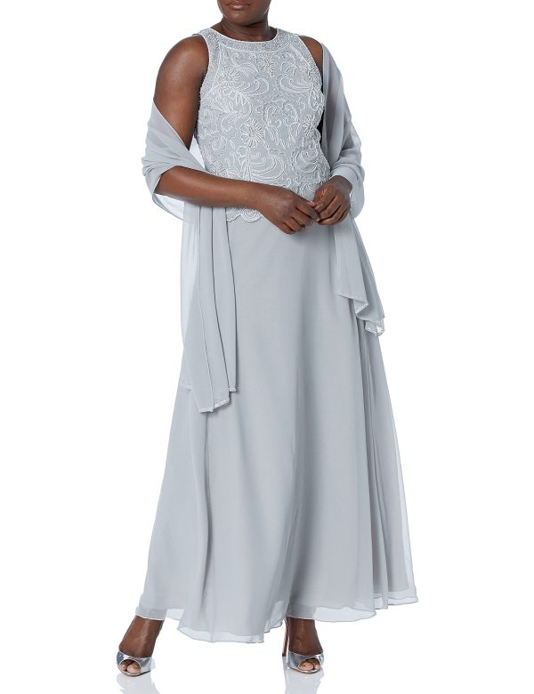 Women's Sleeveless Scallop Long Beaded Dress W/Scarf