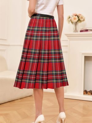 Girls Womens High Waist Pleated Long Skirt with Pockets