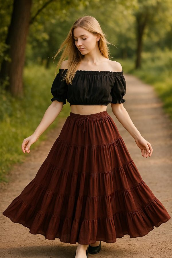 Women's 25 Yard Cotton Gypsy Belly Dance 4-Tiered A-Line Pleated Maxi Long Boho Dance Tribal Skirt
