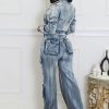 Women's Two Piece Denim Outfits Long Sleeve Cropped Jean Jacket Cargo Pants with Pockets Y2K Tracksuit Set