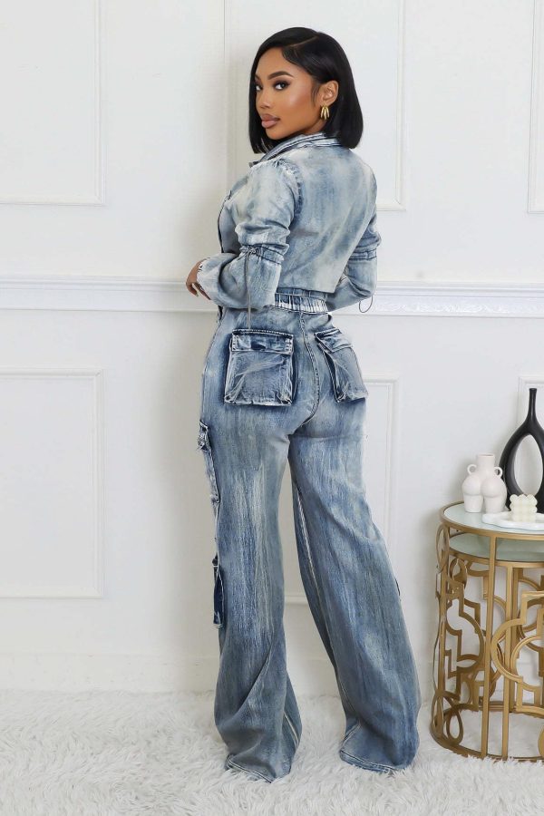Women's Two Piece Denim Outfits Long Sleeve Cropped Jean Jacket Cargo Pants with Pockets Y2K Tracksuit Set