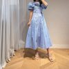 Women's Bandage Waist Maxi Dress - Puff Sleeve Cotton Solid Color Spring Long Dress