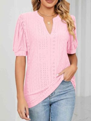 Womens Summer Business Casual Blouses V Neck Short Sleeve Shirts Hollow Out Cute Lace Tops