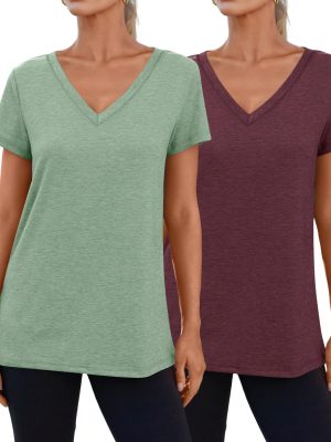 Womens Short Sleeve Shirts Basic 2 Pack Tees V Neck Summer Spring Trendy Casual Tops Loose Fit Lightweight Clothes 2025
