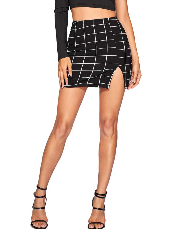 Women's Casual Split Hem High Waisted Mini Bodycon Plaid Skirt