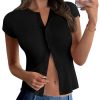 Women's Short Sleeve Summer Tops 2025 Trendy Ribbed Knit Button Up Tight Basic Tees Shirts Going Out Y2K Clothes
