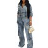 Women's Two Piece Denim Outfits Long Sleeve Cropped Jean Jacket Cargo Pants with Pockets Y2K Tracksuit Set