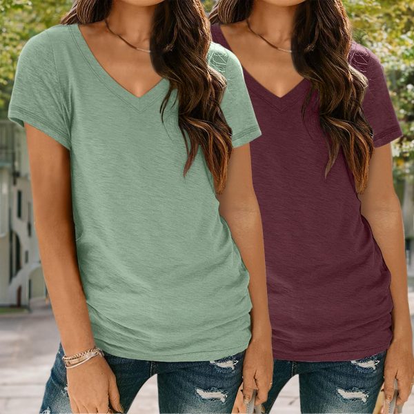 Womens Short Sleeve Shirts Basic 2 Pack Tees V Neck Summer Spring Trendy Casual Tops Loose Fit Lightweight Clothes 2025