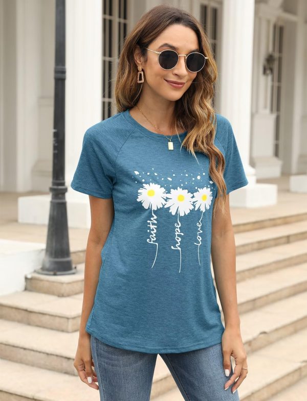Women Crewneck Daisy Print Short Sleeve T-Shirts Summer Faith-Hope-Love Raglan Sleeve Tees Loose Fit Graphic Tops 2024