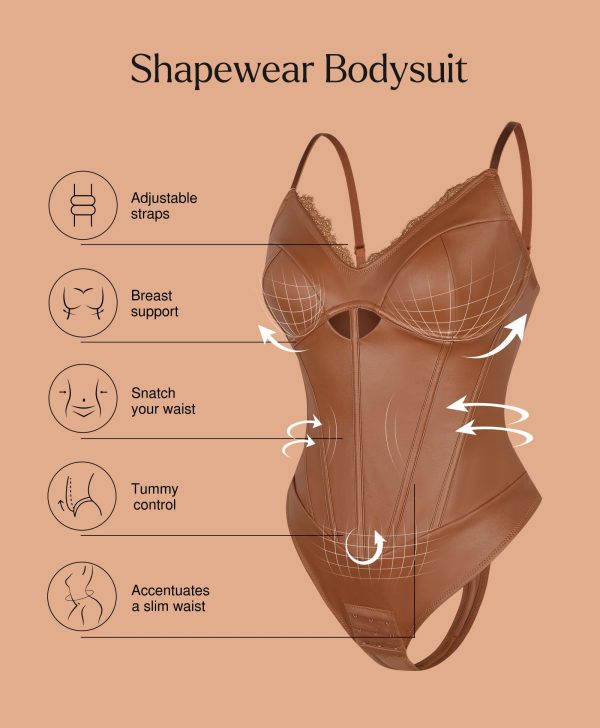 Leather Bodysuits for Women Tummy Control Shapewear Lace V Neck Corset Tops Faux Leather Thong Body Suits
