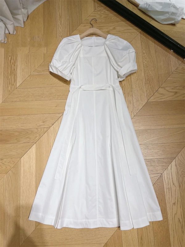 Women's Bandage Waist Maxi Dress - Puff Sleeve Cotton Solid Color Spring Long Dress