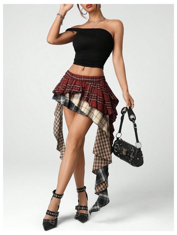 Plaid Skirts for Women Ruffle Asymmetrical Layered Hem Y2k Skirt with Shorts Underneath