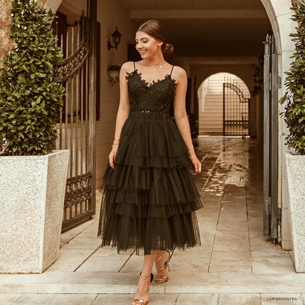 Women's Nude Pink/Black Tiered Layered Mesh Ballet Prom Party Tulle Tutu A-line Midi Skirt