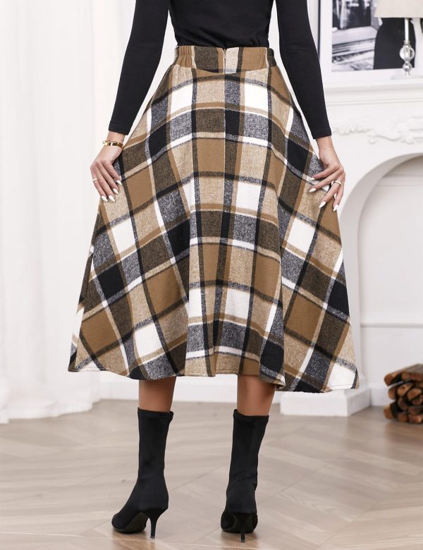 Women’s Fall Winter High Waisted Wool Plaid A-line Long Skirt