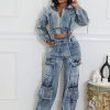 Women's Two Piece Denim Outfits Long Sleeve Cropped Jean Jacket Cargo Pants with Pockets Y2K Tracksuit Set