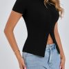 Women's Short Sleeve Summer Tops 2025 Trendy Ribbed Knit Button Up Tight Basic Tees Shirts Going Out Y2K Clothes