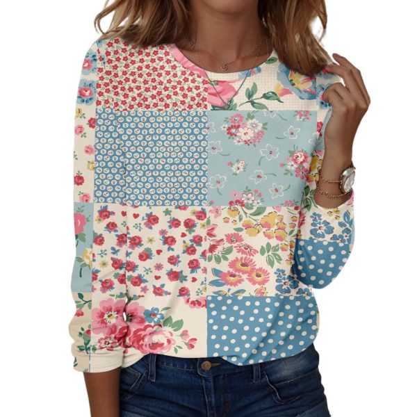 Women's Lightweight Round Neck Tops Floral Print Fall Outfits Dressy Casual Long Sleeve Graphic Tees Shirts