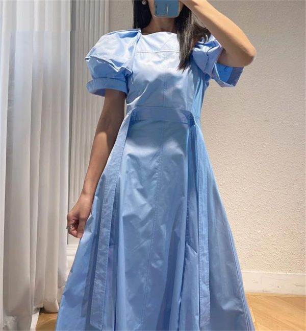 Women's Bandage Waist Maxi Dress - Puff Sleeve Cotton Solid Color Spring Long Dress