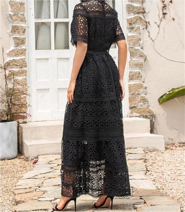 Women's Vintage Casual Summer Long Dress Short Sleeve Hollow Out Embroidery Maxi Dresses