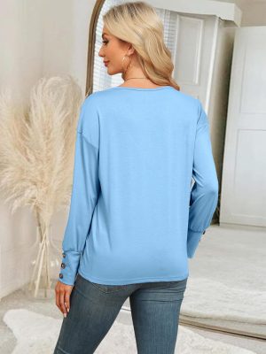 Women's 2025 V Neck Buttons Down Long Sleeve T Shirts Casual Loose Tops Fall Fashion Basic Blouses
