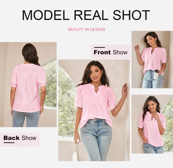 Womens Summer Business Casual Blouses V Neck Short Sleeve Shirts Hollow Out Cute Lace Tops