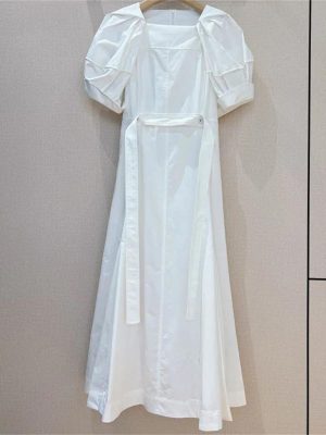 Women's Bandage Waist Maxi Dress - Puff Sleeve Cotton Solid Color Spring Long Dress