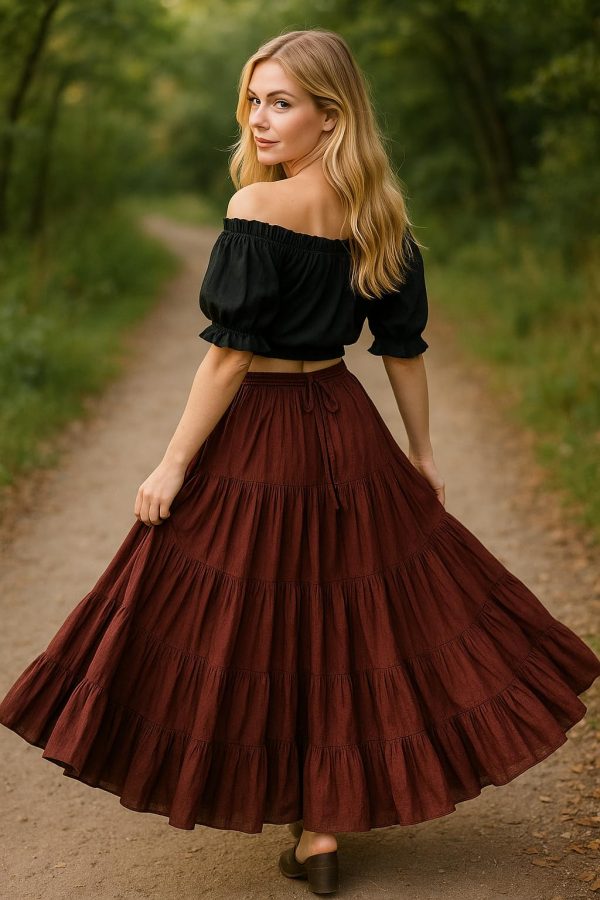 Women's 25 Yard Cotton Gypsy Belly Dance 4-Tiered A-Line Pleated Maxi Long Boho Dance Tribal Skirt