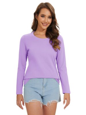 Women's Cotton Long Sleeve Shirts Crewneck Cotton Basic T-Shirt Solid Color Soft Comfy Casual Tops Tees for Women