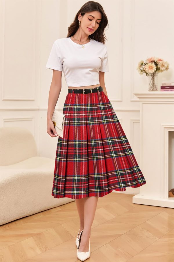 Girls Womens High Waist Pleated Long Skirt with Pockets