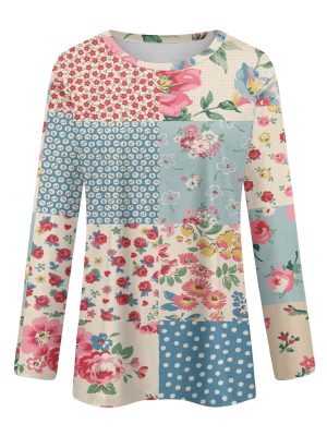 Women's Lightweight Round Neck Tops Floral Print Fall Outfits Dressy Casual Long Sleeve Graphic Tees Shirts