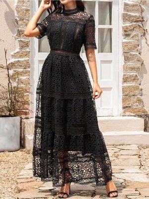 Women's Vintage Casual Summer Long Dress Short Sleeve Hollow Out Embroidery Maxi Dresses