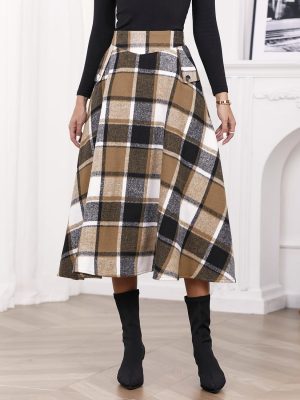 Women’s Fall Winter High Waisted Wool Plaid A-line Long Skirt