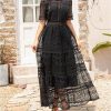 Women's Vintage Casual Summer Long Dress Short Sleeve Hollow Out Embroidery Maxi Dresses