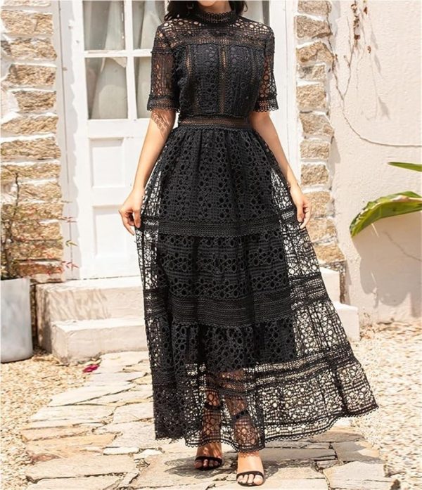 Women's Vintage Casual Summer Long Dress Short Sleeve Hollow Out Embroidery Maxi Dresses